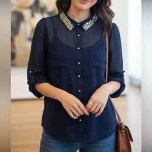 Rue21 Navy Blouse with‎ Sparkling Sequin Gold Collar Retro Millennial Style